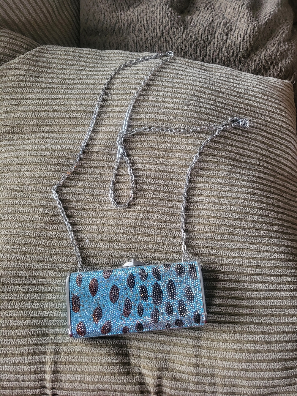 Judith Leiber Blue Crystal Leopard Print Evening Clutch with Silver Chain